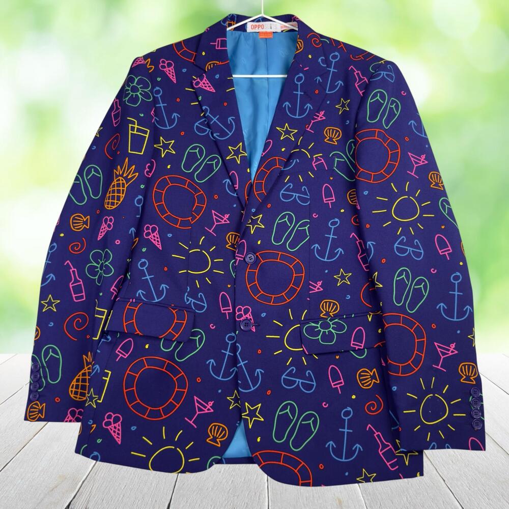 OPPOSUITS Doodle Dudes Blazer Jacket Neon Tropical Print Nautical Beach Mens 38R